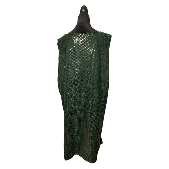 WoW! Green Metallic Sequin Cape Shacket Sleeveless Sparkle Flashy  HandMade - Picture 3 of 4